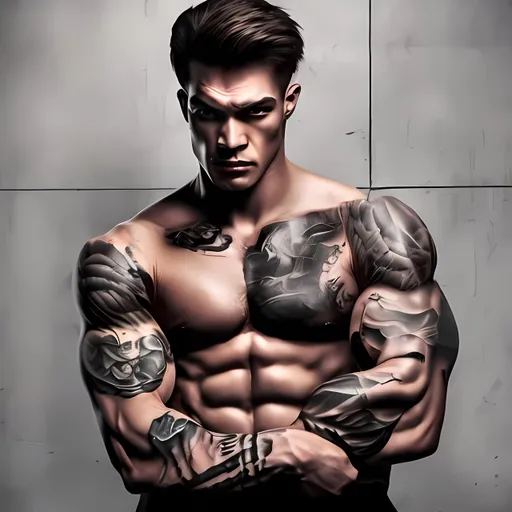Prompt: Strong Muscular 25-year-old Tattoo Creator Kidnapper, Cool, Moody, 4K Resolution