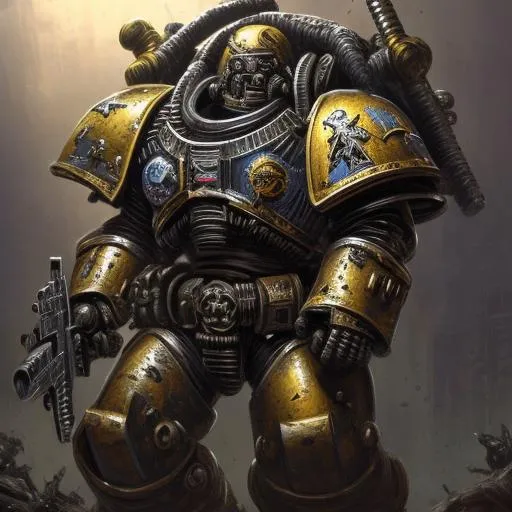 Prompt: High-res NFT art of a Warhammer 40k space marine, futuristic armor with intricate details, imposing stature, intense battle-ready expression, power armor with weathered metallic textures, heroic pose, dramatic lighting, sci-fi digital art, vibrant color palette, 4k resolution, ultra-detailed, NFT, futuristic, battle-ready, weathered textures, heroic pose, dramatic lighting, sci-fi, vibrant colors
