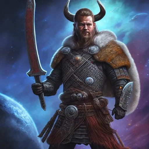 Prompt: High-res NFT art of a Viking in space wielding space-age axes and swords, futuristic cosmic setting, intricately detailed armor and weapons, intense and dramatic lighting, futuristic, cosmic, detailed armor, space-age weapons, intense lighting, high-res