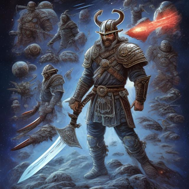 Prompt: High-res NFT art of a Viking in space wielding space-age axes and swords, futuristic cosmic setting, intricately detailed armor and weapons, intense and dramatic lighting, futuristic, cosmic, detailed armor, space-age weapons, intense lighting, high-res