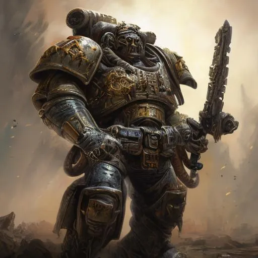 Prompt: High-res NFT art of a Warhammer 40k space marine, futuristic armor with intricate details, imposing stature, intense battle-ready expression, power armor with weathered metallic textures, heroic pose, dramatic lighting, sci-fi digital art, vibrant color palette, 4k resolution, ultra-detailed, NFT, futuristic, battle-ready, weathered textures, heroic pose, dramatic lighting, sci-fi, vibrant colors