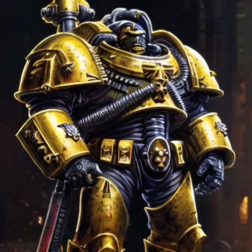 Prompt: High-res NFT art of a Warhammer 40k space marine, Golden futuristic armor with intricate details, imposing stature, intense battle-ready expression, power armor with weathered metallic textures, heroic pose, dramatic lighting, sci-fi digital art, vibrant color palette, 4k resolution, ultra-detailed, NFT, futuristic, battle-ready, weathered textures, heroic pose, dramatic lighting, sci-fi, vibrant colors