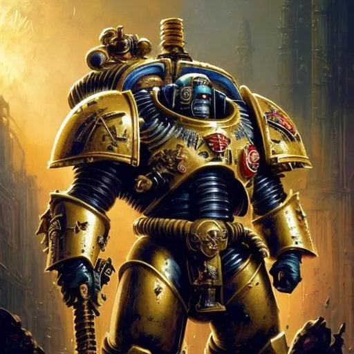 Prompt: High-res NFT art of a Warhammer 40k space marine, Golden futuristic armor with intricate details, imposing stature, intense battle-ready expression, power armor with weathered metallic textures, heroic pose, dramatic lighting, sci-fi digital art, vibrant color palette, 4k resolution, ultra-detailed, NFT, futuristic, battle-ready, weathered textures, heroic pose, dramatic lighting, sci-fi, vibrant colors