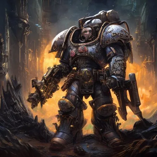 Prompt: High-res NFT art of a Warhammer 40k space marine, futuristic armor with intricate details, imposing stature, intense battle-ready expression, power armor with weathered metallic textures, heroic pose, dramatic lighting, sci-fi digital art, vibrant color palette, 4k resolution, ultra-detailed, NFT, futuristic, battle-ready, weathered textures, heroic pose, dramatic lighting, sci-fi, vibrant colors