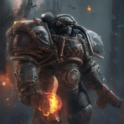 Prompt: High-res NFT art of a Warhammer 40k space marine, futuristic armor with intricate details, imposing stature, intense battle-ready expression, power armor with weathered metallic textures, heroic pose, dramatic lighting, sci-fi digital art, vibrant color palette, 4k resolution, ultra-detailed, NFT, futuristic, battle-ready, weathered textures, heroic pose, dramatic lighting, sci-fi, vibrant colors