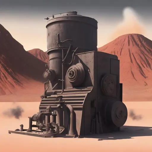 Prompt: Digital painting of a machine in the middle of a desert with black smoke coming out of it