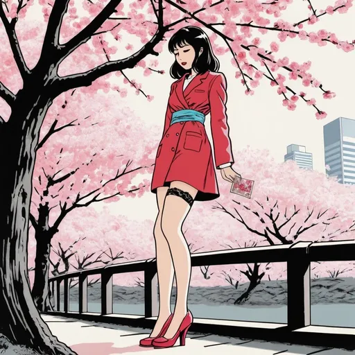 Prompt: Silk screen comic book illustration,a 20 years girl,wear stockings and High heel,Viewing cherry blossoms,tokyo