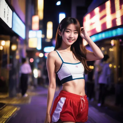 Prompt: A image of one pretty female Asia movie cast in love of feeling love. (perfect face:1.10).  In the night.  outside ginza nightclub, Long flowing hair.   Sunshine smile.  20-years-old, Feeling love.  Not lonely.   (trendy athelatic Sports wear).  (Vulnerable) (legs bound open)