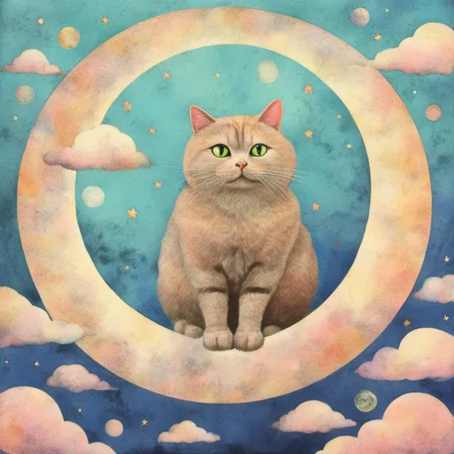 Prompt: <mymodel> 

multimedia collage, cute pastel color,
a fat cat sitting on the moon. full moon. shandows.

in the sky with clouds.
holy.