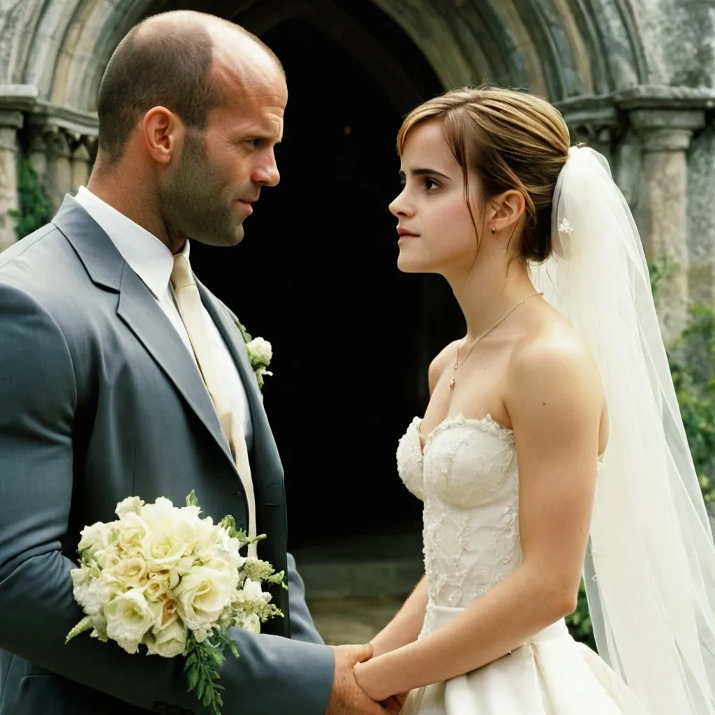 Prompt: 2000,
island, noon, cathedral,

 emma  watson is the bride in wedding ceremony.
Groom is Jason Statham