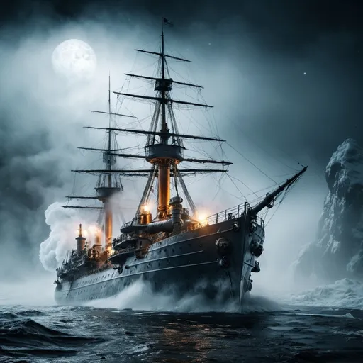 Prompt:  snow-covered high sea, steampunk ironclad HMS destroyer, cold, ethereal mist,  planet mars, high contrast, dramatic atmosphere,  earth behind the ship, surrounded by swirling mist, (epic scene), (4K), ultra-detailed, ready for battle, conveying strength and resilience, mystical energy emanating from her presence.