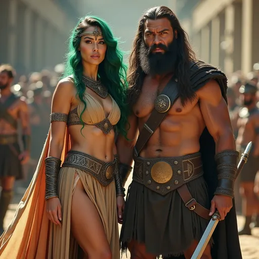 Prompt: (Megan Fox as a Roman Goddess), (Hora with vibrant green hair), powerful and graceful stance, standing beside the God of War (Conan the Barbarian),