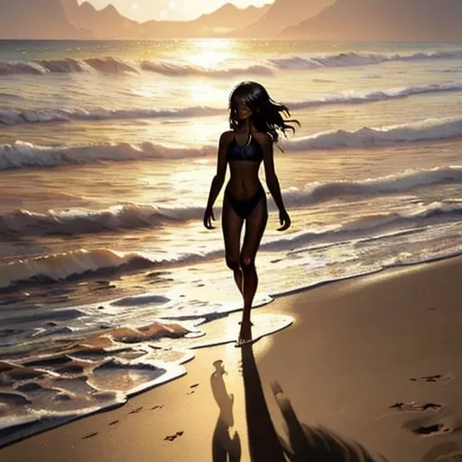 Prompt: Black figure walking on beach, spot light,oil painting, serene beach setting, warm and golden tones, detailed figure with flowing movements, tranquil atmosphere, high quality, oil painting, serene, warm tones, detailed shadow, calm and peaceful vibe