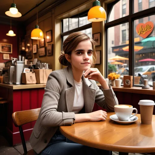 Prompt: New York City, (Central Perk setting), (Emma Watson character) sitting gracefully on a café chair, sipping coffee, cozy ambiance, vibrant colors reflecting a bustling atmosphere, warm sunlight filtering through large windows, ultra-detailed, capturing the essence of friendship and relaxation in a beloved café, soft background music enhances the inviting mood.