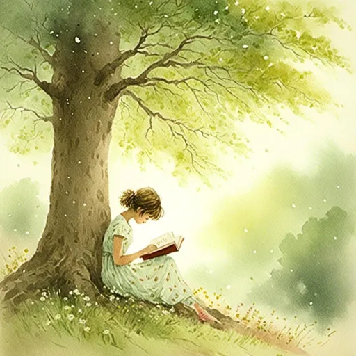 Prompt: <mymodel>girl reading a book, peaceful, many leaf on a big tree , a leaf, dreamy, light from left