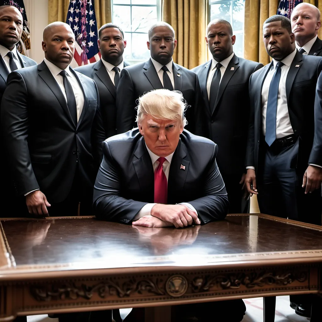 Prompt: world war, white house,
photo of president donald trump hiding under a table, 
((surrounded by black secret service agent))
frighten glare.  explosions.