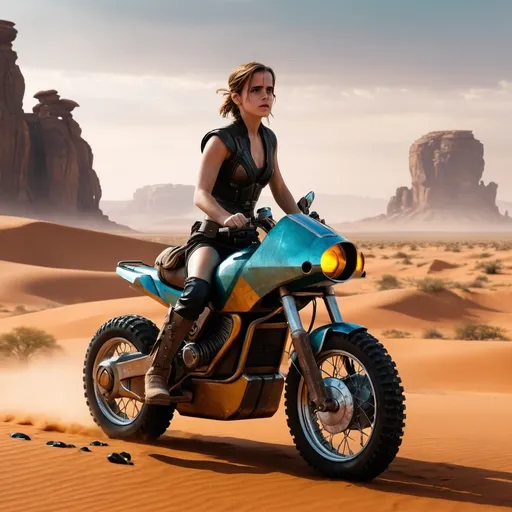 Prompt: (starwars movie scene),  God's view, (stunning beautiful cute emma wATSON  in bounty hunter outfit), hover craft bike,  breathtaking digital landscape, futuristic desert imbued with raindrops, dramatic contrasts, vibrant colors accentuate the action, tense ambiance, high-intensity mood, (4K ultra-detailed), cinematic lighting creates depth, bold shadows, innovative architecture unfolding in the background, a blend of reality and illusion, mesmerizing visual storytelling.