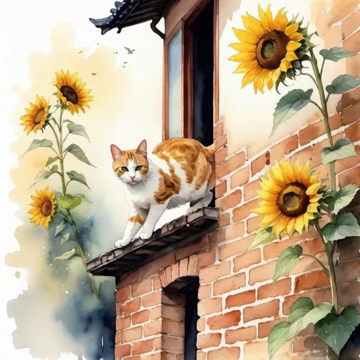 Prompt: cat jumping down from brick wall... water colour. old china style house wall.  Sunflower.  serene.   dreamy art style