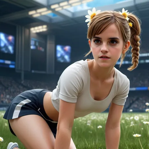 Prompt: Emma Watson in sports wear.Surreal, mysterious, strange, fantastical, fantasy, Sci-fi, Japanese anime, crystal starry sky, miniskirt beautiful girl wearing unconventional clothes and listening to flowers, perfect voluminous body, summer grass, ships, clouds, detailed masterpiece 
 reveling, , photorealistic dancing  women full body in motion portrait,  outfit sportwear.
, sharp focus, perfect anatomy, highly detailed,((photorealistic)), ((hyperrealistic))

128k resolution. Beautiful face, slim and pony-tail hair with bangs. full body view.

 Zeiss Sonnar F 150mm f/2.8