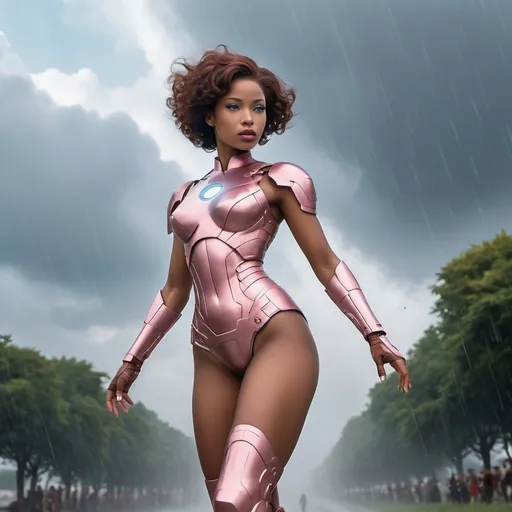 Prompt: year 1950, ironman universe,  normandy war zone, 
20  years old african version goddess aphrodite in pastel pink ironman full body uniform, high heel iron boots, blue eyes , with short brown hair, heavenly beauty,
 detail face, delicate body,  dance in the sky, mist surrounding, mystic atmosphere, raining
