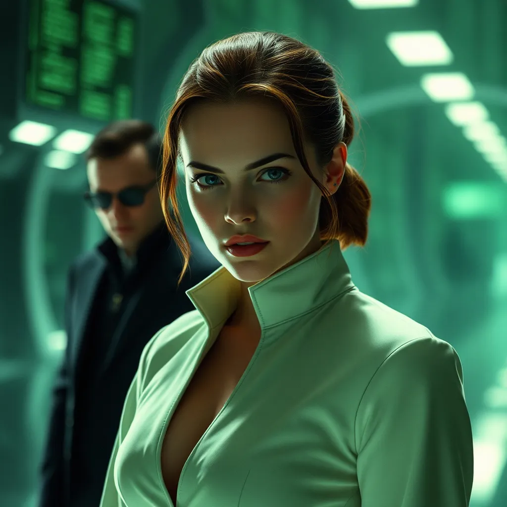 Prompt: in matrix movie world.

Emma watson cast as trinity. 

Actor Neo in the background.