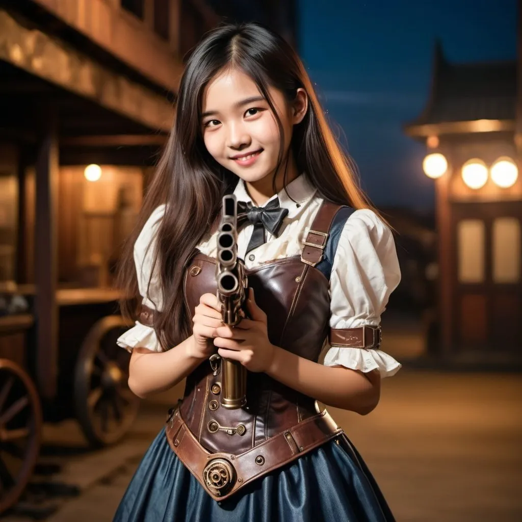 Prompt: A image of one pretty female Asia movie cast in love of feeling love.   In the night. With steampunk gun and leather dress.  Long flowing hair.   Sunshine smile.  14-years-old, Feeling love.  Not lonely.   (Revealing dress). (Vulnerable)