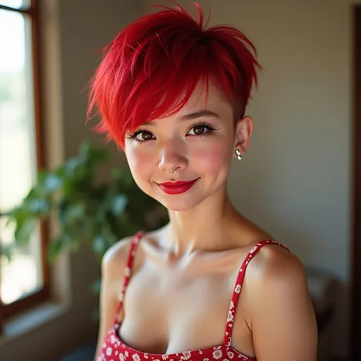 Prompt: ((full body portrait)), young woman with a round face and brown eyes, (nose piercing), striking red ultra-short shaved haircut, (tiny red lips), (cute) appearance, show abs, wearing a fashionable, tiny dress, warmth in her friendly smiling gaze, bright and inviting ambiance, (open window) in the background, (natural light streaming in), (vibrant colors), ultra-detailed, high-quality image.