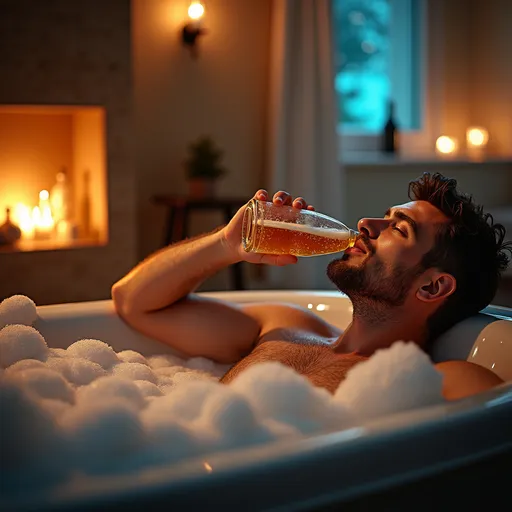 Prompt: man in a bathtub, (relaxed pose), drinking beer, (watching TV), surrounded by bubbles, (warm ambient lighting), cozy atmosphere, (reflective surfaces), vibrant colors, detailed bath items, gentle water splashes, humorously casual vibe, (high-quality 4K), inviting and comforting setting.