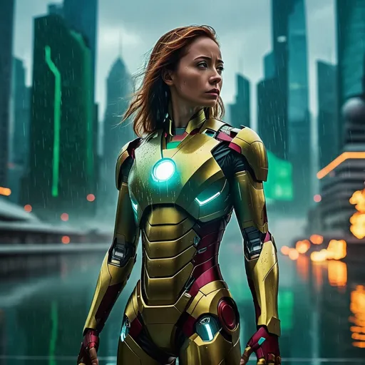 Prompt: (MATRIX movie scene), (stunning beautiful maiden in ironman outfit), breathtaking digital landscape, futuristic city skyline imbued with green code raindrops, dramatic contrasts, vibrant colors accentuate the action, tense ambiance, high-intensity mood, (4K ultra-detailed), cinematic lighting creates depth, bold shadows, innovative architecture unfolding in the background, a blend of reality and illusion, mesmerizing visual storytelling.