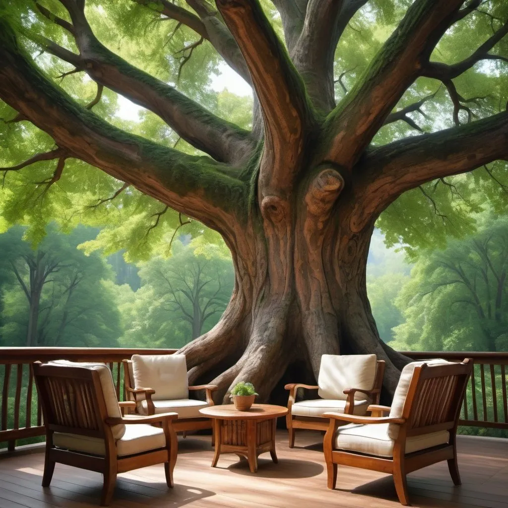 Prompt: Giant tree casting dappled shade on a cozy chair and table, peaceful forest setting, warm natural lighting, traditional painting, high quality, detailed bark texture, serene atmosphere, inviting seating area, tranquil, leafy canopy, lush greenery, scenic view, rustic wooden furniture