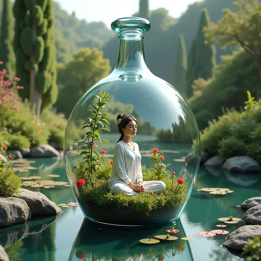 Prompt: **Hyper-Realistic Photograph:** An incredibly detailed, professional photograph of a giant glass bottle, inside has a garden and pond. has  tiny stunning ancient dressed  young women meditate peacefully..