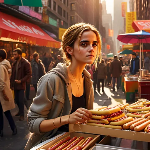 Prompt: <mymodel>(Emma Watson as a street hawker), hot dog stall in bustling New York, vibrant street scene, lively urban ambiance, warm golden sunlight illuminating the surroundings, inviting smells of grilled food, detailed facial expression exuding friendliness, wearing casual street clothing, surrounded by colorful food carts, ultra-detailed, 4K, realistic atmosphere reflecting city life.