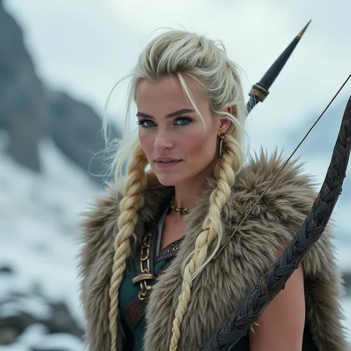 Prompt: Margot Robbie, Norse goddess Skadi, with bow, spear and fur outfit. running on mount olympus. Greece.