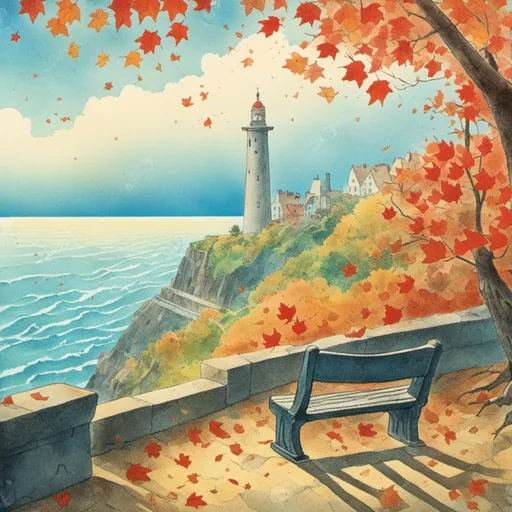 Prompt: <mymodel>

 1920,  morning.
Europe.

blue sky.

on ocean cliff, one giant tree crest,  one young shoot with red autumn leaf,
bench in the shade, leaf falling from tree, lighthouse, hugh waves.

mysterious atmosphere.