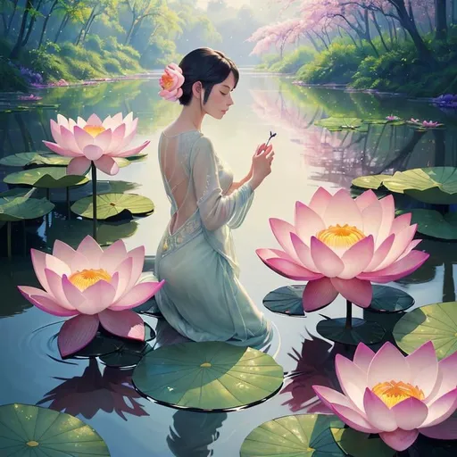 Prompt: <mymodel>Luminous digital painting of a vibrant lotus blossom by a serene riverbank, rich and colorful, tranquil natural setting, intricate petal details, sparkling water reflections, high-res, digital art, vivid colors, serene ambiance, peaceful, detailed floral art, professional, natural lighting