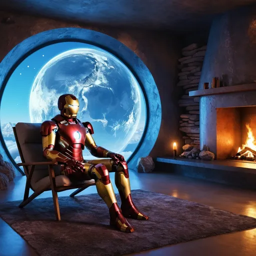 Prompt: on the moon surface.

(glowing, a peaceful iron man, vibrant colors, (heavenly atmosphere),  cozy flickering fireplace in the background, ethereal lighting, serene and tranquil vibe, high detail, ultra-detailed, 4K quality.

 Wallpaper art, liquid design in the background, biomes, , peaceful, alps,  blue earth,  Gaia, earth neurotransmitter, pearlescent, high plains graphic, forming Nueral atoms the 2nd dimension in our hand, high plains, biopunk.