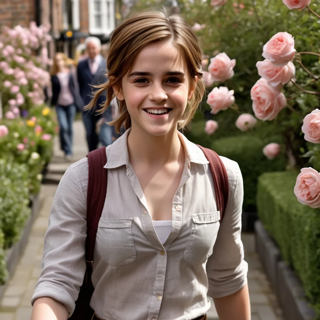 Prompt: Alberteen,  spring, 
garden,
emma watson young  walking down the high street, detailed clothing, rosy cheek, detail hint of smile, realistic, natural lighting, show (abs)