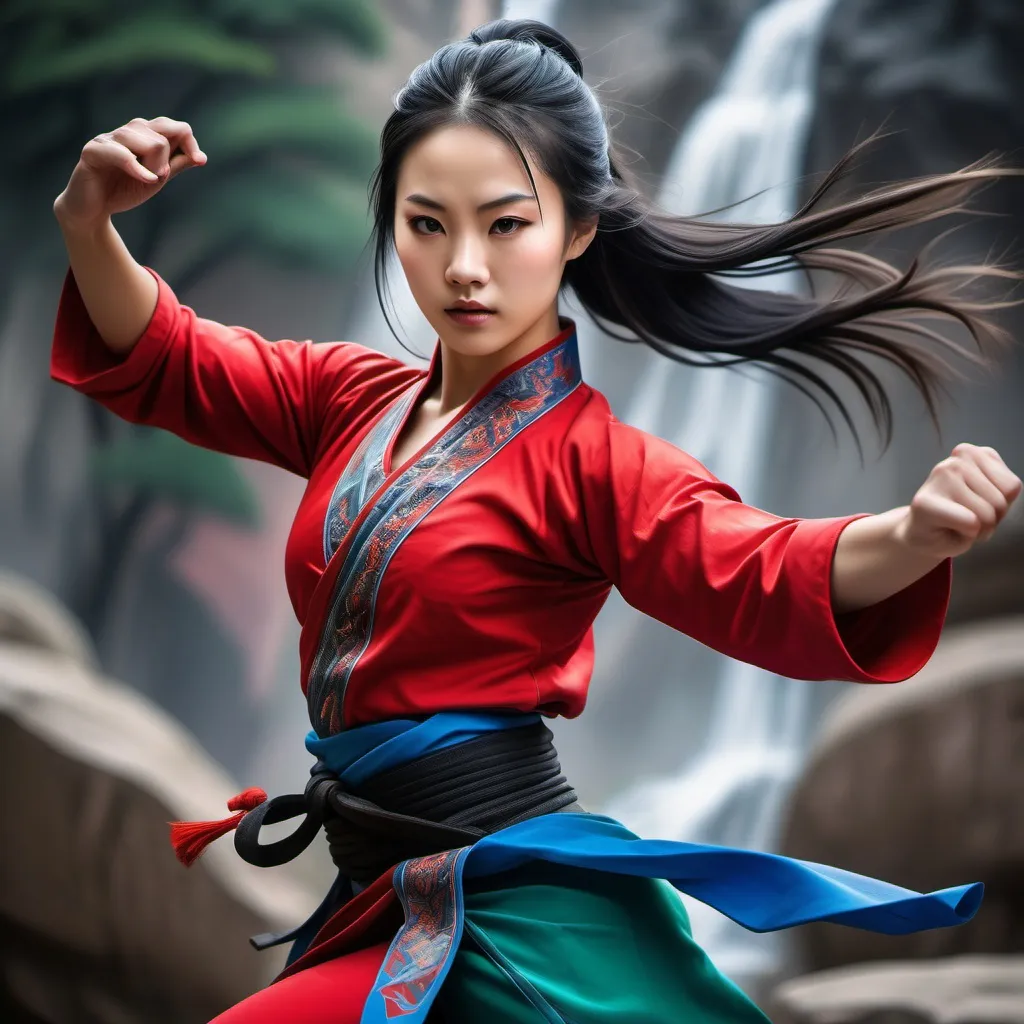 Prompt:  Central to the image is a (kungfu master woman), (shaolin temple), 
 (mountain view), flowing dark hair cascading down her shoulders, dressed in a traditional workout with exquisite (red, blue and black) patterns, dynamic pose, fair white skin, beautiful green eye, show abs, perfect anatomy, centered, freedom, soul, blonde long hair, approach to perfection, cell shading, 4k , cinematic dramatic atmosphere, global illumination, detailed and intricate environment, , cinematic lighting,illuminated by warm, soft light, enhancing the tranquil and graceful atmosphere, (HD), showcasing her delicate features and serene expression in a captivating portrait style.ng, 