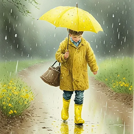 Prompt: <mymodel> boy walking in the rain. yellow boots.  hand holding umbrella.  heavy rain, puddles of water