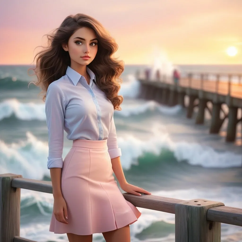 Prompt: huge wave breaking on pier.
Dreamy pastel side full body side portrait,  (heavenly beautiful, 26 years old) in office uniform, pencil skirt.  . dreamy eyes.  

standing on a island pier looking out to the ocean. sunset, 

 64k resolution. Beautiful face, . full body view.
, ethereal atmosphere, soft focus
