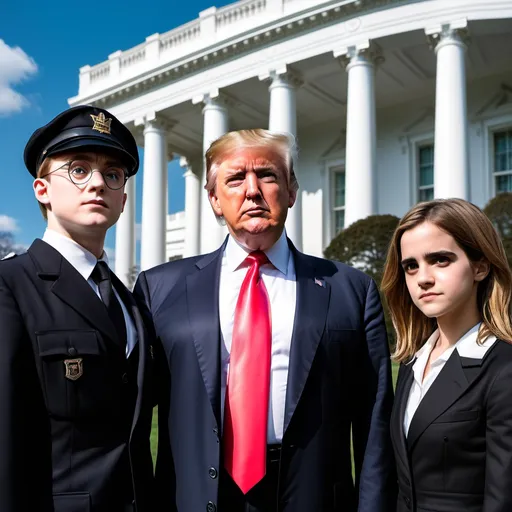 Prompt: world war, white house,
photo of president donald trump on with harry potter and emma watson,
(( black secret service agent))
mysterious atmosphere.
blue sky