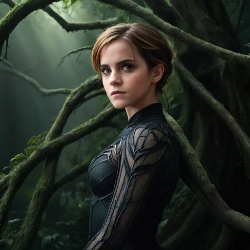 Prompt: (Emma Watson as a spider monster), perched majestically on a detailed tree branch, daylight illuminating her multifaceted, eerie features, looming yet captivating expression, intricately woven webs shimmering in the environment, lush green foliage surrounding her, vivid light highlighting the contrasting shadows, (ultra-detailed), showcasing an enchanting and unsettling ambiance.