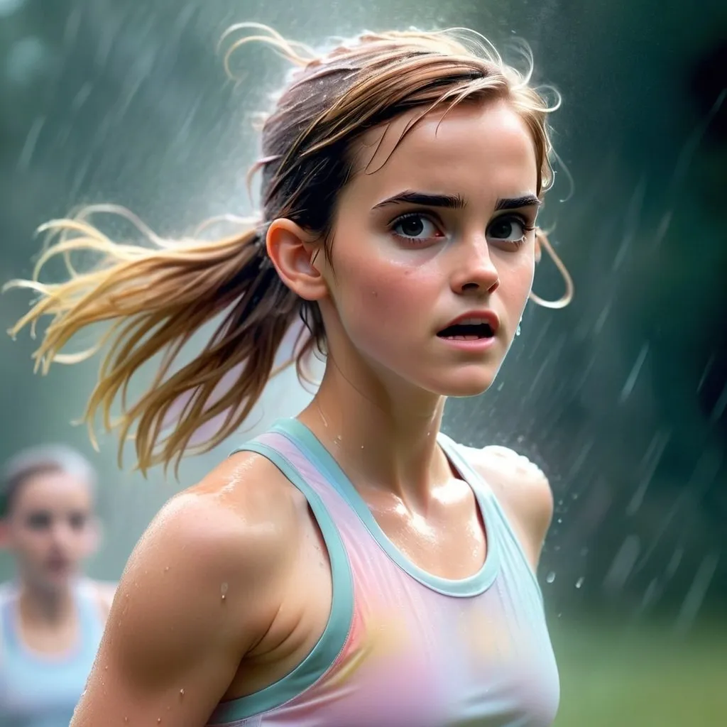 Prompt: Dreamy pastel portrait, emma watson running in sports wear, sweaty, wet, hot sensual ethereal atmosphere, soft focus