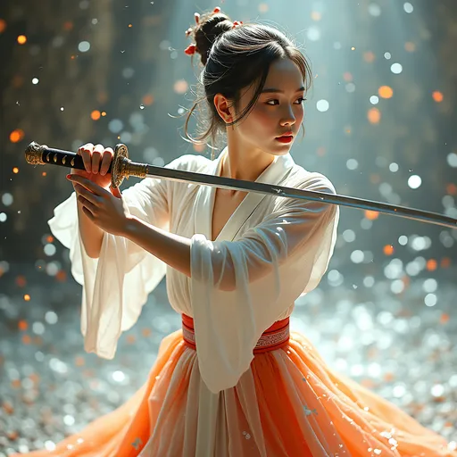 Prompt: ((kumgfu swaord play)), splash art, hyper detailed, ultra realistic, highly detailed, surreal heavy mist, AI defined exquisitely beautiful, totally ultra realistic young adult Korean, gorgeously detailed facial features, sword play, perfect body proportions, ultra pale, ultra glamorous girl, Wearing a  Greek 10 century dress, Full body photo, no shoes, 

HDR, UHD, high res, 64k, cinematic lighting, special effects, hd octaneArtgerm