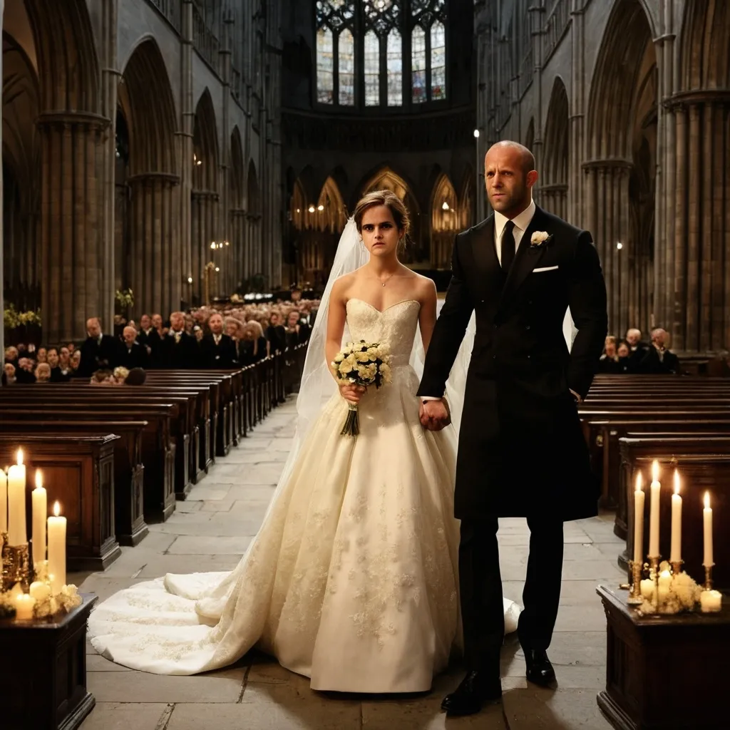 Prompt: London city, 
,midnight, cathedral,

 emma  watson is the bride in wedding ceremony.
Groom is Jason Statham