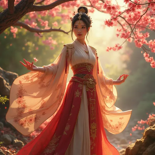 Prompt: Star Wars characters as (gorgeous asian queen), blooming cherry blossoms, vibrant colors, ethereal atmosphere, warm golden sunlight, intricate robes adorned with celestial patterns, regal pose, lush green background, detailed floral elements, fantastical representation, intertwined mythology, high fantasy, ultra-detailed, 4K resolution, enchanting ambiance.