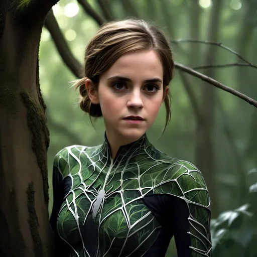 Prompt: (Emma Watson as a spider monster), perched majestically on a detailed tree branch, daylight illuminating her multifaceted, eerie features, looming yet captivating expression, intricately woven webs shimmering in the environment, lush green foliage surrounding her, vivid light highlighting the contrasting shadows, (ultra-detailed), showcasing an enchanting and unsettling ambiance.