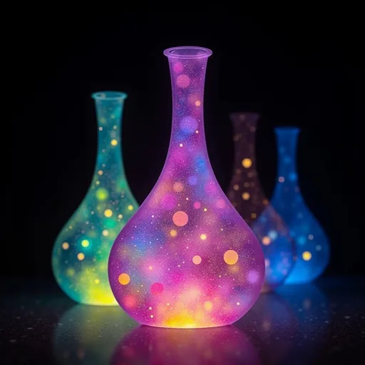 Prompt: three (multi-color luminous bottle), intricate pattern, shaped light painting, black backdrop, (minimalistic), (elegant line design), various light sources, glowing effects, ethereal atmosphere, delicate fluidity, high contrast, depth of field, (4K), cinematic quality, magical ambiance, enchanting visualization.