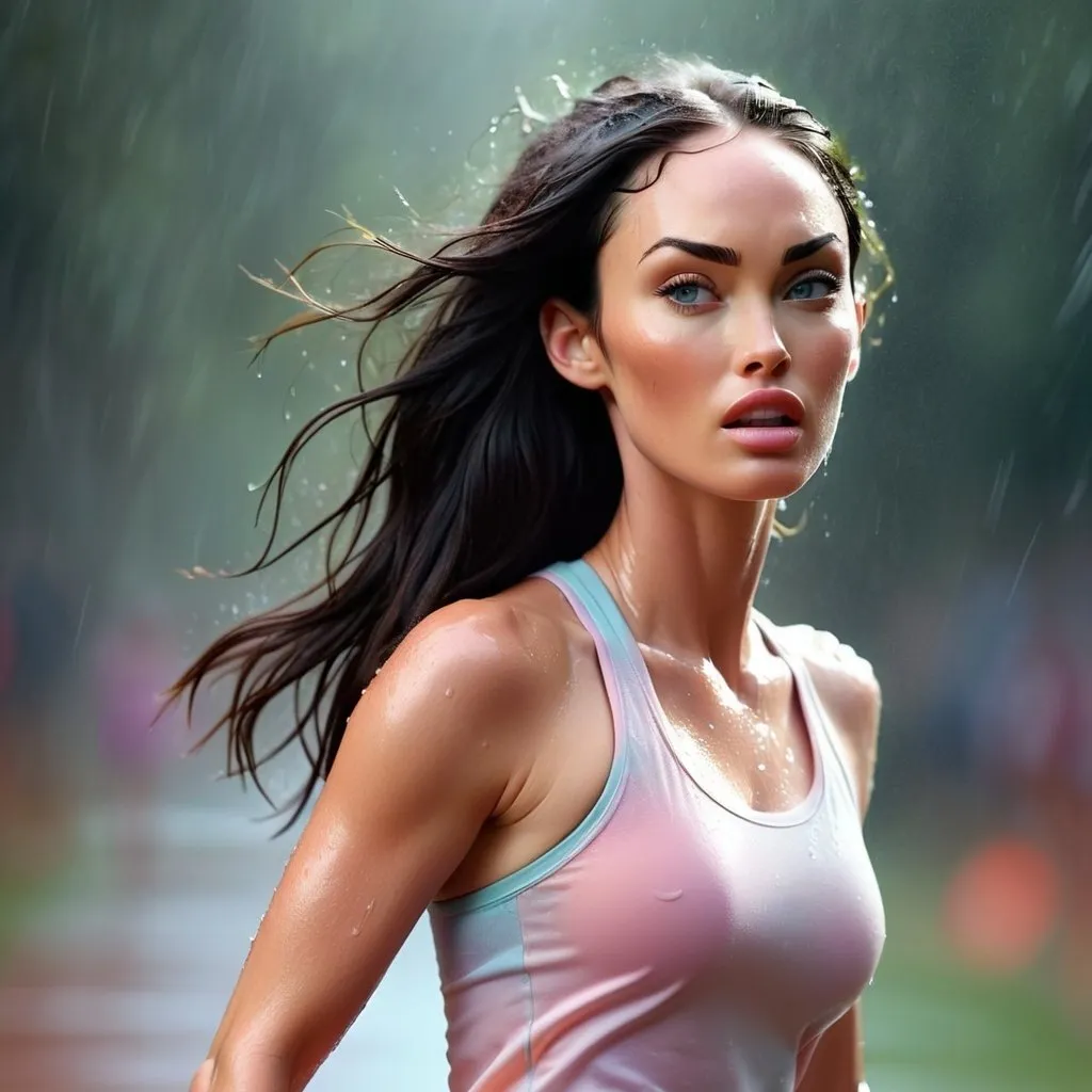 Prompt: Dreamy pastel portrait, megan fox running in sports wear, sweaty, wet, hot sensual ethereal atmosphere, soft focus