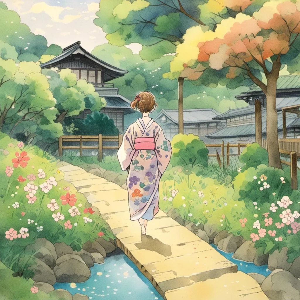 Prompt: <mymodel> 
2003, japan, tokyo, small trail beside farm house,

emma watson wears kimono.
intricate flower pattern on kimono,
evening, walking on trail beside stream.


cute, happy atmosphere, peaceful.